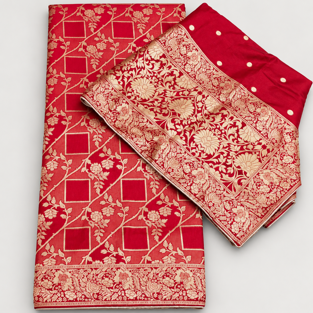 Gulnaar Red & Gold Unstitched Suit Material with Dupatta