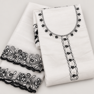 Chandni White Unstitched Suit Material with Black Embroidery & Dupatta