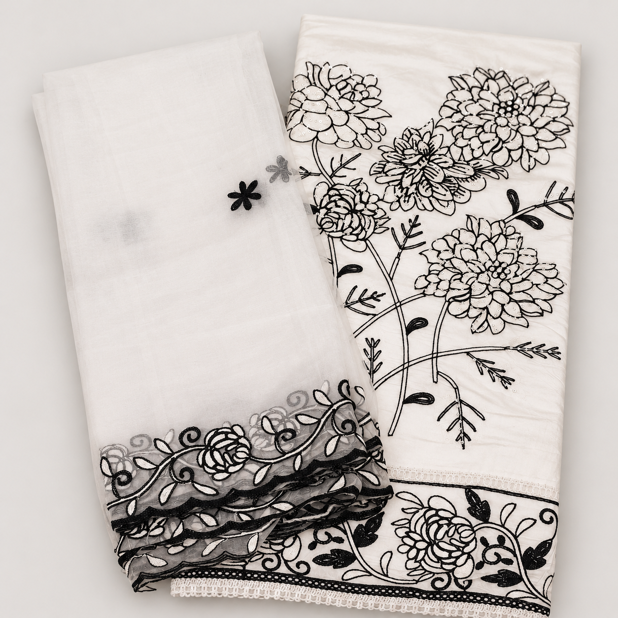 Chandni White Unstitched Suit Material with Black Embroidery & Dupatta - Image 2