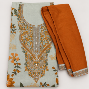 Kesari Sage Green Floral Unstitched Suit Material with Orange Dupatta